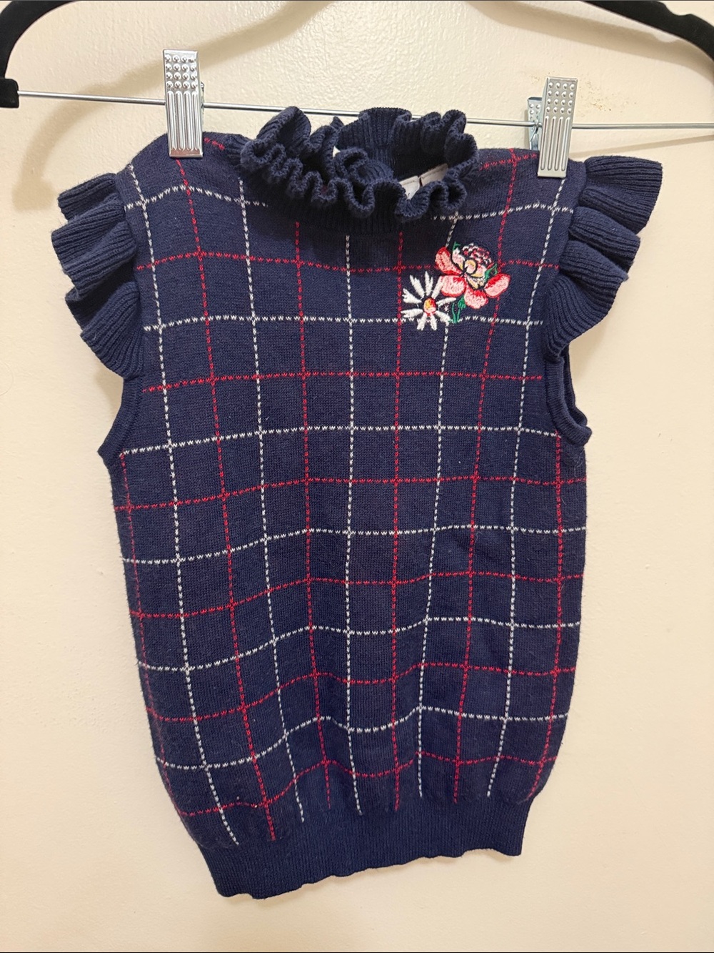 Girls Navy Knit Ruffled Sleeve Sweater dress with Floral Embroidery
